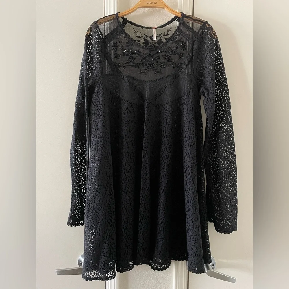 Free People Rodeo Bella Sheer Lace Mini Dress black embellished